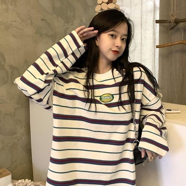 

women's t-shirt 2021 autumn long sleeve korean style striped thin, White