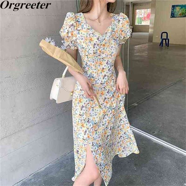 

retro french sweet daisy printted mid dress women summer v-neck puff sleeve slim split beach female 210602, White