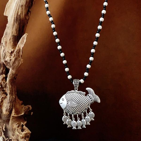 

chains retro ethnic style fish pendant sweater chain tassel long necklace cotton and linen jewelry accessories, Silver
