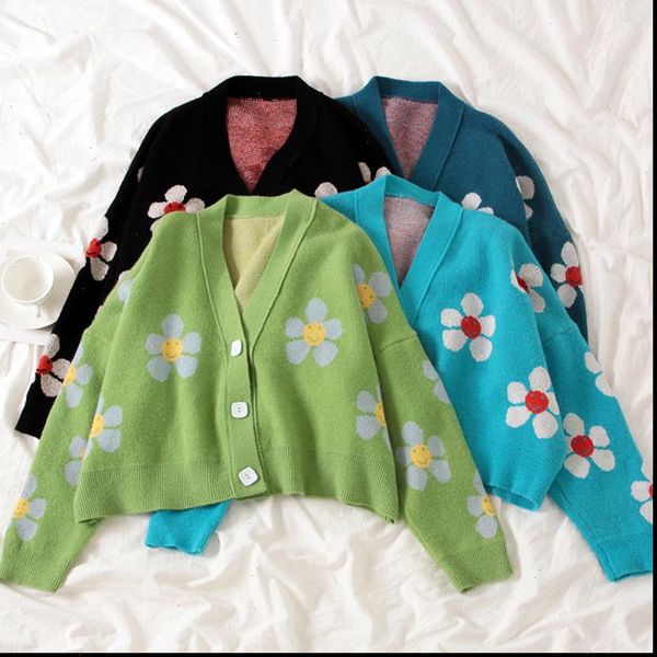 

knitted cardigans sweater women vintage loose print short v neck flower mujer elegant thicked, White;black