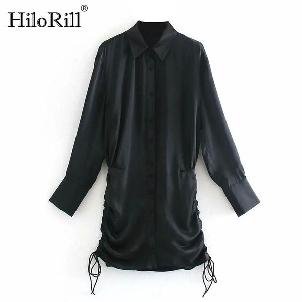 

hilorill solid bodycon dress long sleeve navy color shirt autumn spring drawstring stylish chic mini vestidos casual dresses, Black;gray