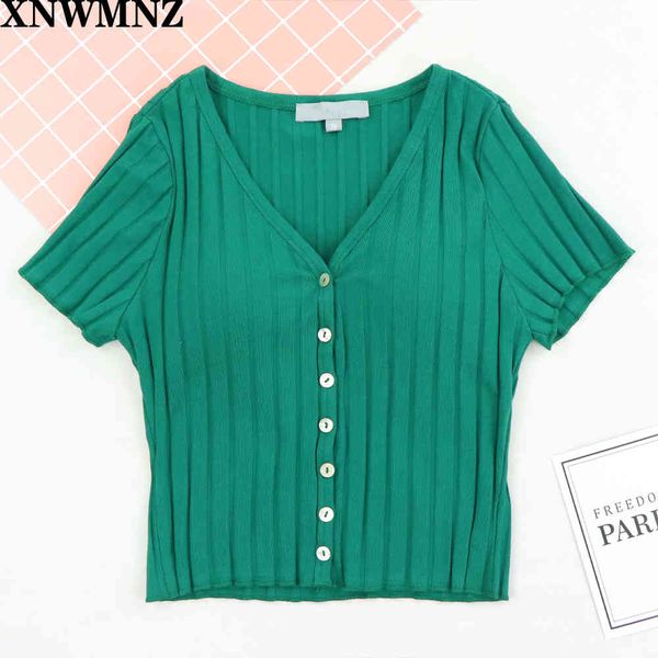 

streetwear v neck cropped women center buttons crop blouse harajuku knitted women t-shirt casual slim za 210513, White