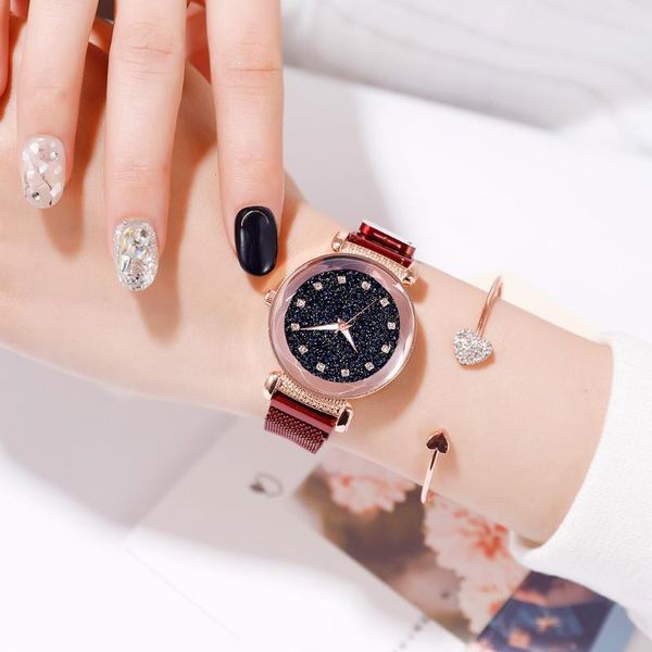 

wristwatches luxury watch women fashion starry sky mosaic diamond quartz mesh belt magnetic buckle ladies alloy #03, Slivery;brown