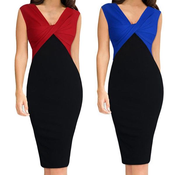 

bodycon party dresses plus size elegant women casual midi sheath slim dress patchwork sleeveless work, Black;gray