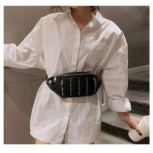 

waist bags rivet bag for women pu leather zipper crossbody female boyfriend style soft black fake chest mm50026
