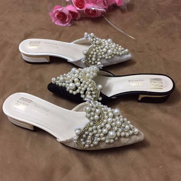 

handmade woman fashion shoes summer pearl slippers female beading string mules pointed toe sandals home slides beaded, Black