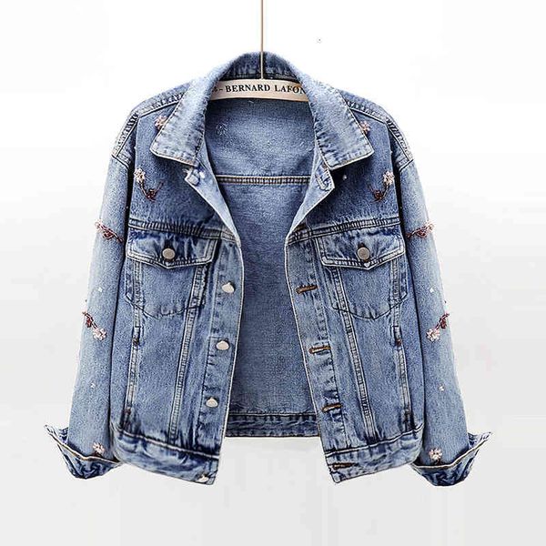 

women's jackets jackets women spring autum beading flowers denim washed blue jeans coat turn-down collar outwear casual slim jacket 17k, Black;brown