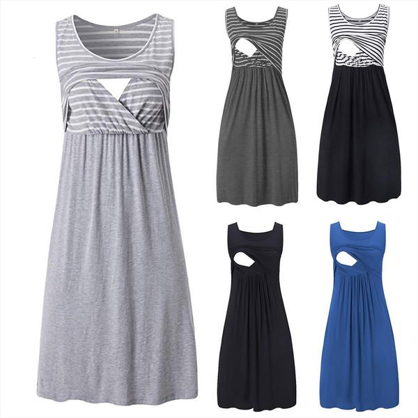 

fashion solid color striped maternity women dress stitching sleeveless breastfeeding pregnant care robe, Black;gray