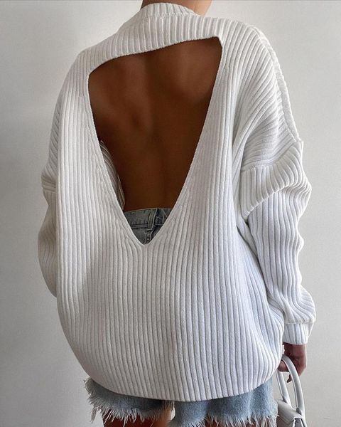 

women's sweaters sweater cutout backless batwing sleeve knit autumn 2021 fashion long loose jumper, White;black