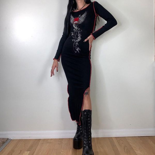 

casual dresses y2k aesthetic heart print spring autunm women long sleeve slim fit bodycon harajuku streetwear gothic clothes, Black;gray