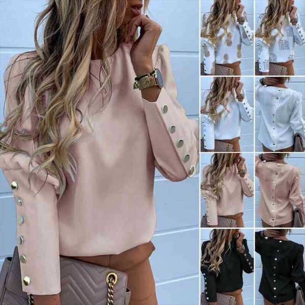 

work wear long sleeve women shirt back metal buttons casual o neck printed fall blouse plus size, White