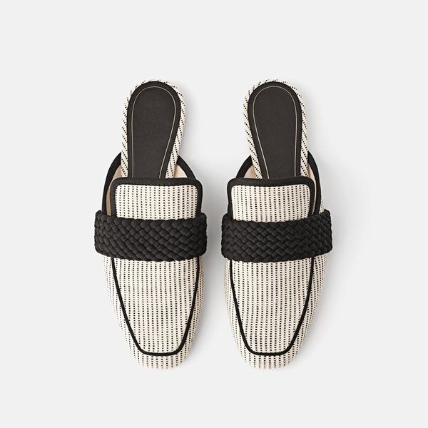 

slippers flat shoes female ladies' cover toe mules for women 2021 low square rome basic slides rubber pu spring, Black