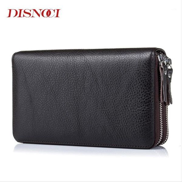 

wallets disnoci double zipper men clutch bags genuine leather men's long wallet cowhide male purses large capacity1, Red;black
