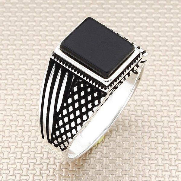 

square black onyx stone men silver ring with symmetrical motif made in turkey solid 925 sterling cluster rings, Golden;silver