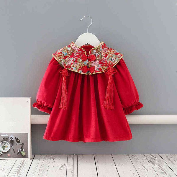 Inverno estilo chinês a-linha criança princesa bebê meninas vestidos crianças veludo roupas para o Natal ano novo 0-4Y G1129