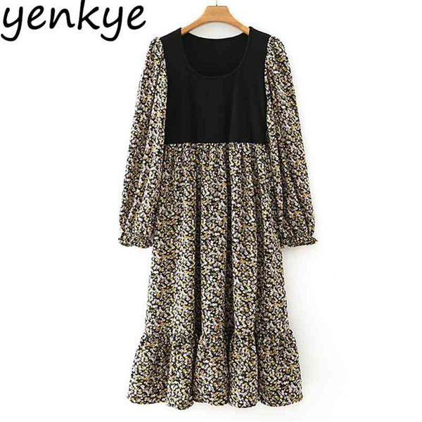 

fashion women vintage patchwork floral print dress o neck long sleeve a-line midi casual dresses spring autumn vestido 210514, Black;gray