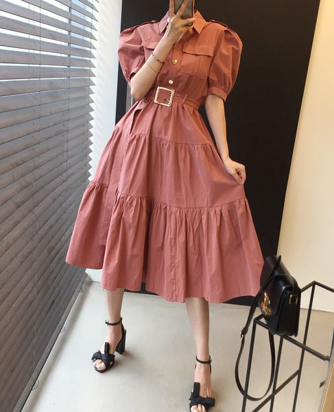 

casual dresses women dress 2021 summer korean chic female retro temperament lapel single-breasted puff sleeve work style vestidos, Black;gray