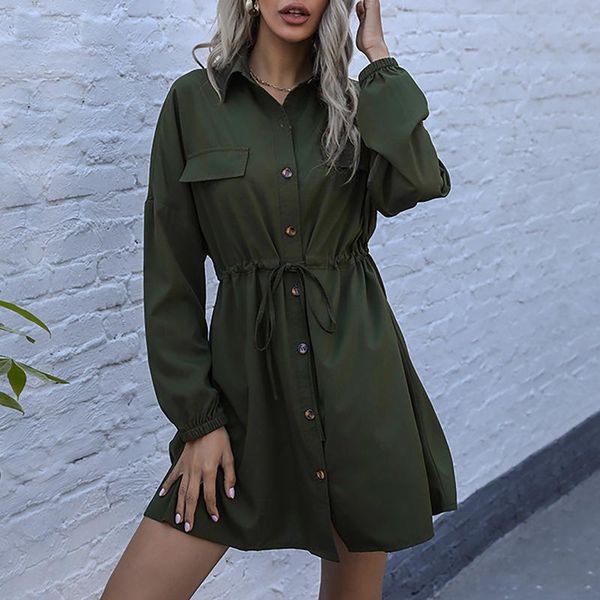 

casual dresses autumn womens long sleeve dress solid lapel double turn-down collar high waist drawstring office ladies robe femme, Black;gray