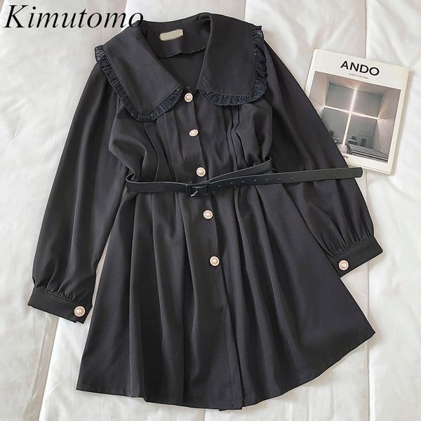 

kimutomo elegant solid shirt dress women french style korea chic female peter pan collar pearl buttons with sashes vestido 210521, Black;gray