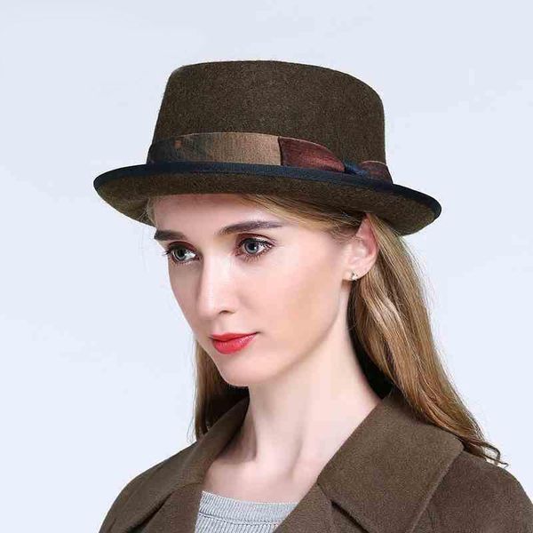 100% pura lã feminina Pork Pie Fedora Hat Elegant Lady Cashmere Flat Homburg Godfather Top Caps With Fashion Bowknot Stingy Brim Hats