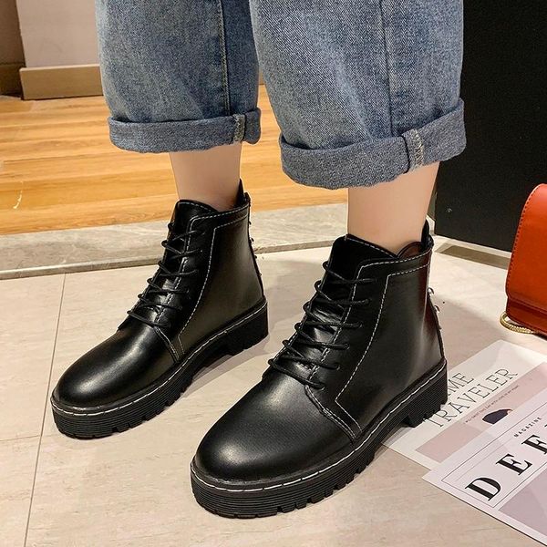 

boots solid black leather thick bottom platform lace up rivet sewing winter plus size ankle women shoes woman