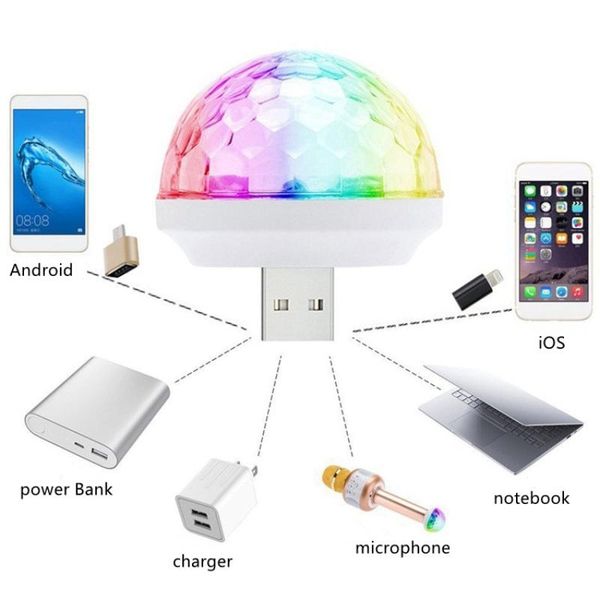 

interior decorations car usb mobile phone mini crystal rotating colorful magic ball light voice controlled led jumping stage accesorio coche