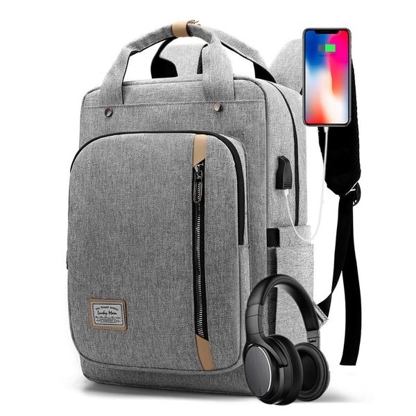 

backpack school bag men's for lap15 high-quality waterproof british style male computer usb headphone jack gray