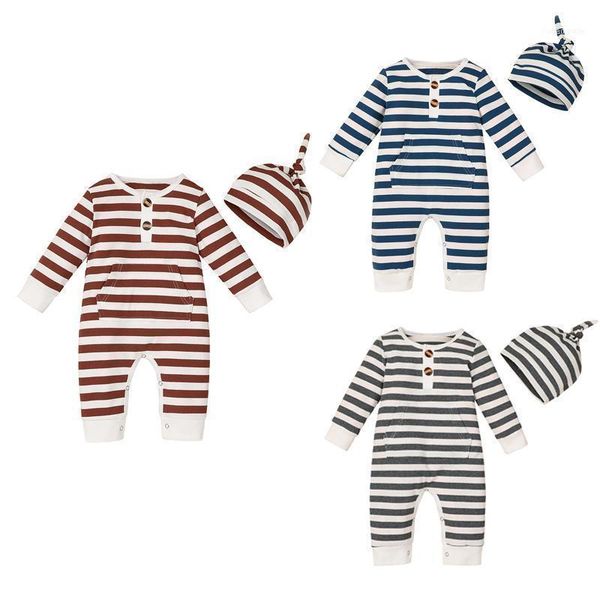 

0-24m born baby boy girl fall romper+hat 2pcs striped print button pocket long sleeve jumpsuit one piece outfit1, Blue