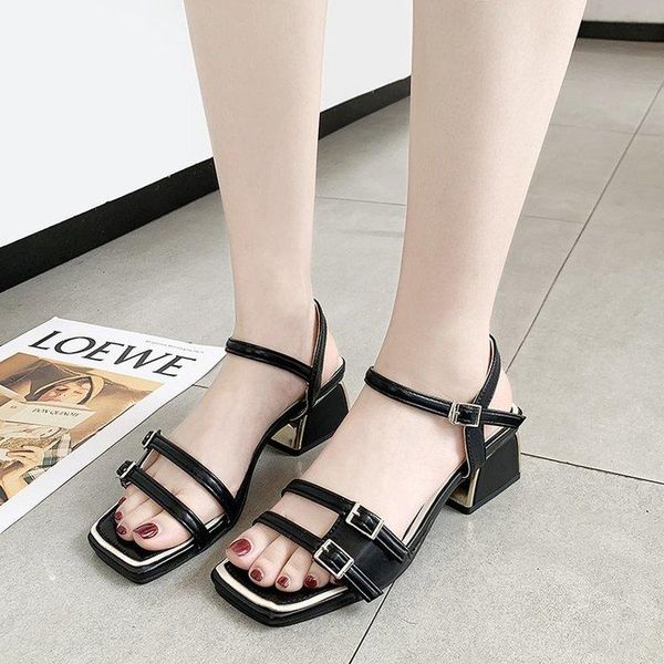 

female shoes brand women's sandals 2021 leather ladies square heels for women summer casual black white the work