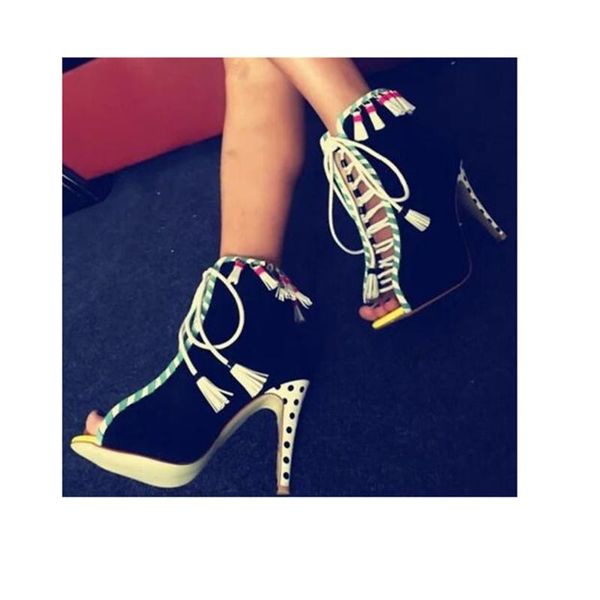 

sandals peep toe lace up boots est design colorful special women high and thin heels party ankle shoes, Black