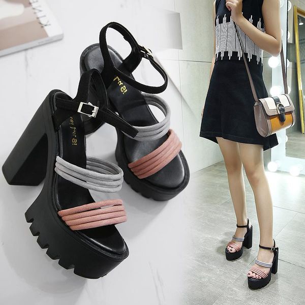 

summer korean fashion ultra high heel sandals wild roman style waterproof platform buckle women's sandals., Black