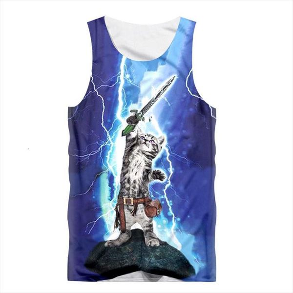 

fashion tank men sleeveless vest thunder cat playing electricit 3d print fitness bodybuilding tanktop, White;black