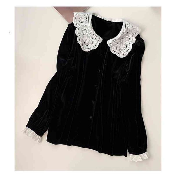 

women's blouses & shirts lamtrip france elegant feminine black flannel lace hook peter pan collar long sleeve shirt blouse 2021 sp, White