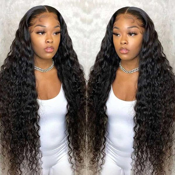 

lace wigs deep wave frontal wig transparent curly front human hair pre plucked for black women, Black;brown