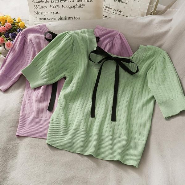 

women's blouses & shirts women fashion bodycon knitted square collar short sleeves blouse lady sweet casual outdoor girls elegant daily, White