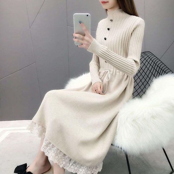 

casual dresses fashion 2021 autumn winter women long sleeve sweater strappy dress button elegant warm knitted sweaters midi vestido, Black;gray