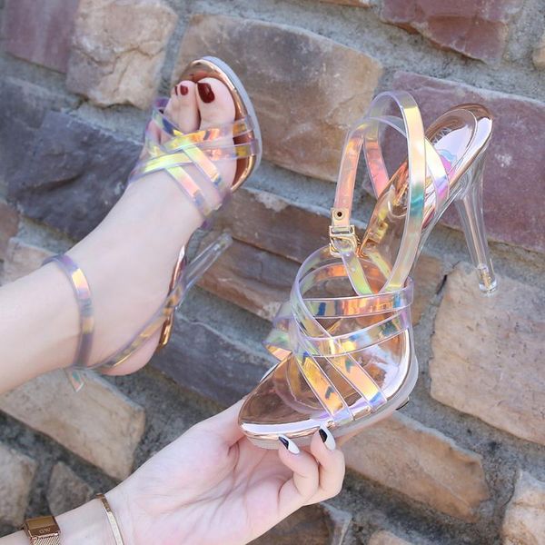 

sandals female wedding shoes summer stained-glass rubber women high heels nightclub platform steel pipe, Black