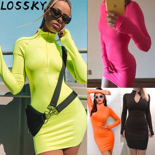 

solid long sleeve high neck waist mini dress casual zipper stretchy es autumn winter neon bodycon club party 210520, Black;gray