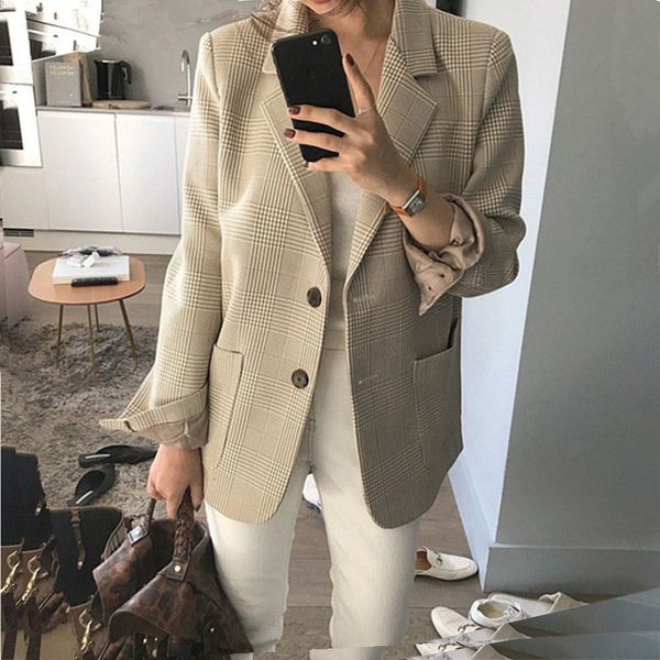 

women's jackets retro-loose women single breasted chess jacket autumn complete female blazer sleeve casual ladies loose suit outwear 3n, Black;brown