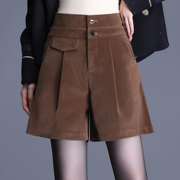 

women's shorts corduroy wide leg for women autumn winter high waist loose casual elegant vintage office lady black short pants 6717, White;black