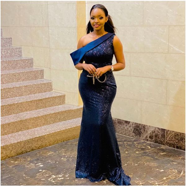 

navy blue mermaid bridesmaid dresses long one shoulder sequin women wedding party dress for black girl maid of honor gowns, White;pink