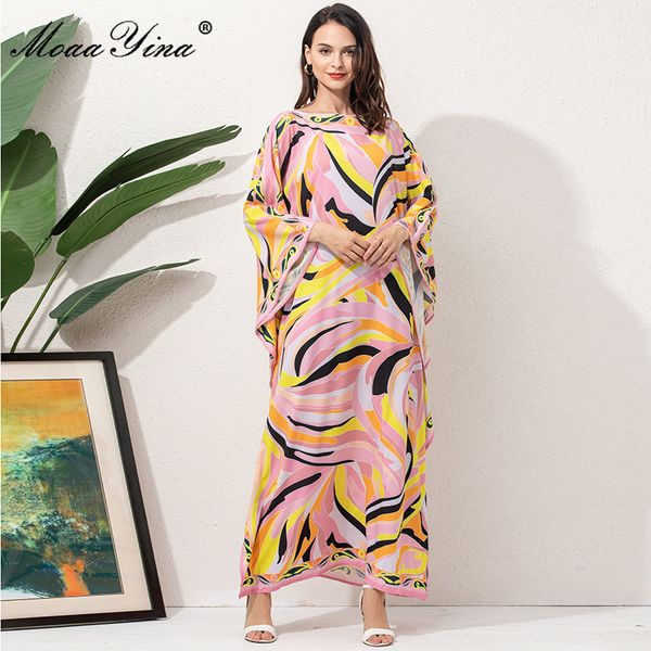 Moda pista solta maxi vestido mulheres elegante impressão étnica chiffon longa manga manga oversize vestidos 210524