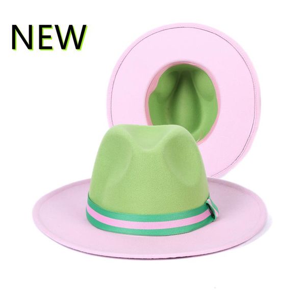 

wide brim hats pink and green color matching woolen hat, women's woven wide-brimmed fedora hat autumn winter fashion elegant panama, Blue;gray