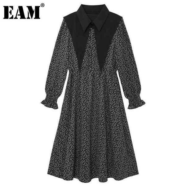 

[eam] women black floral print ruffles casual dress lapel puff sleeve loose fit fashion spring autumn 1dd6908 21512, Black;gray