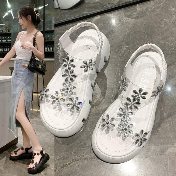 

sandals 2021 fashion rhinestone flower sandals, thick-soled casual ladies all-match roman anti-skid increase and slim, Black