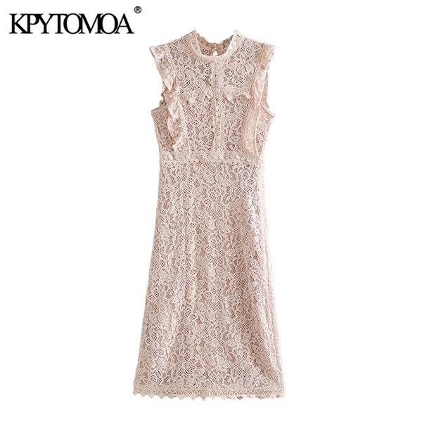 

women chic fashion ruffled lace midi dress vintage sleeveless side zipper with lining female dresses vestidos 210420, Black;gray