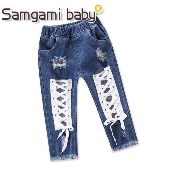 

summer girls fashion jeans bandage hole trousers kids denim pants toddler girl casual clothes children clothing, Blue