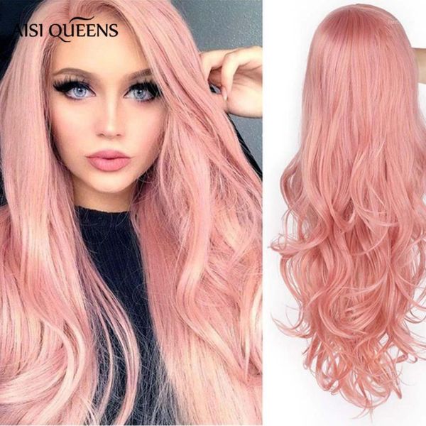 

queens 26'' long wavy synthetic wigs parts pink natural wig for black white women cosplay hair average size1