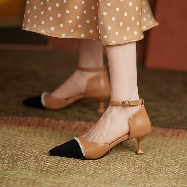 

sandals ladies wedding mixed colors shoes women summer pointed toe pearls ankle strap med kitten heels female big size 43, Black