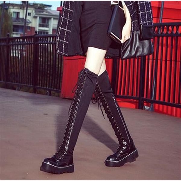 

lace up over knee women flats shoes woman flat heel rubber pu leather boots winter thigh high boot, Black
